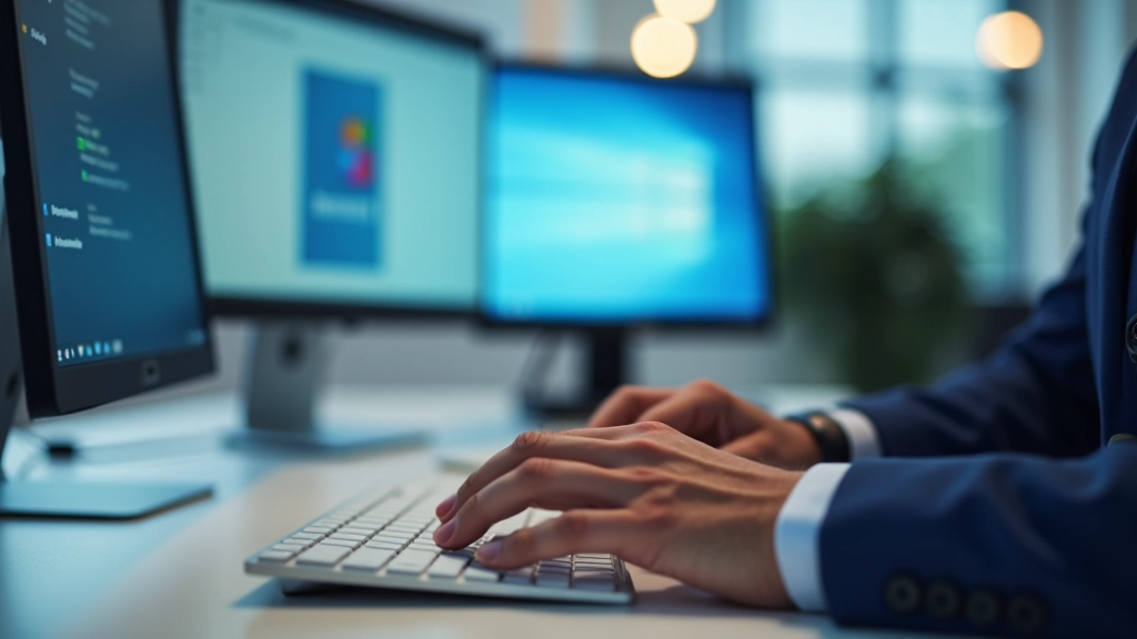 Primo piano di mani che lavorano su una tastiera con monitor che mostra impostazioni di Windows