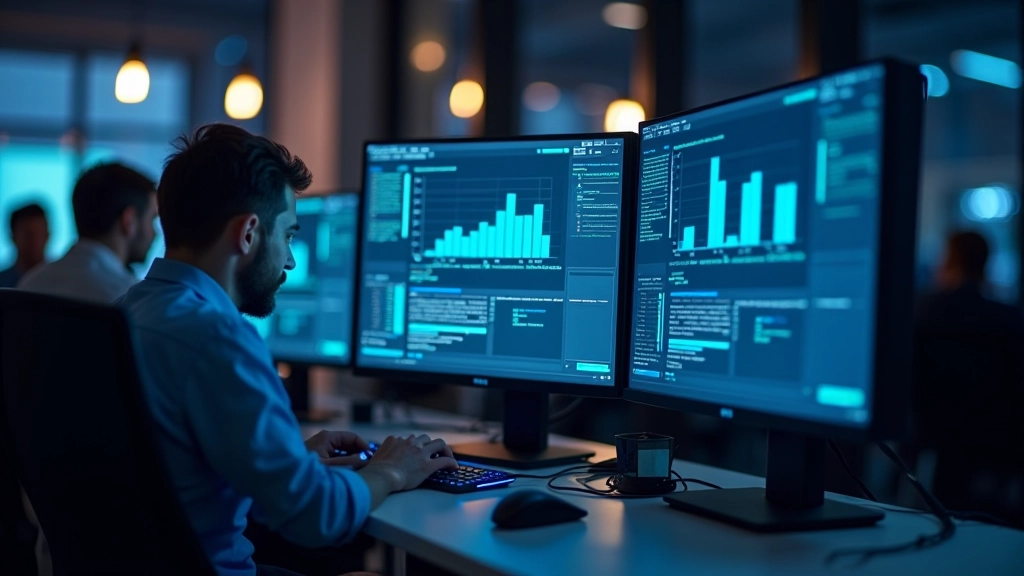 Tre monitor in fila su una scrivania moderna con uno schermo che mostra grafici di sistema
